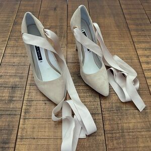 Alice + Olivia Women’s Dominique Suede Heel Ribbon Ankle Wrap Beige - Size 38